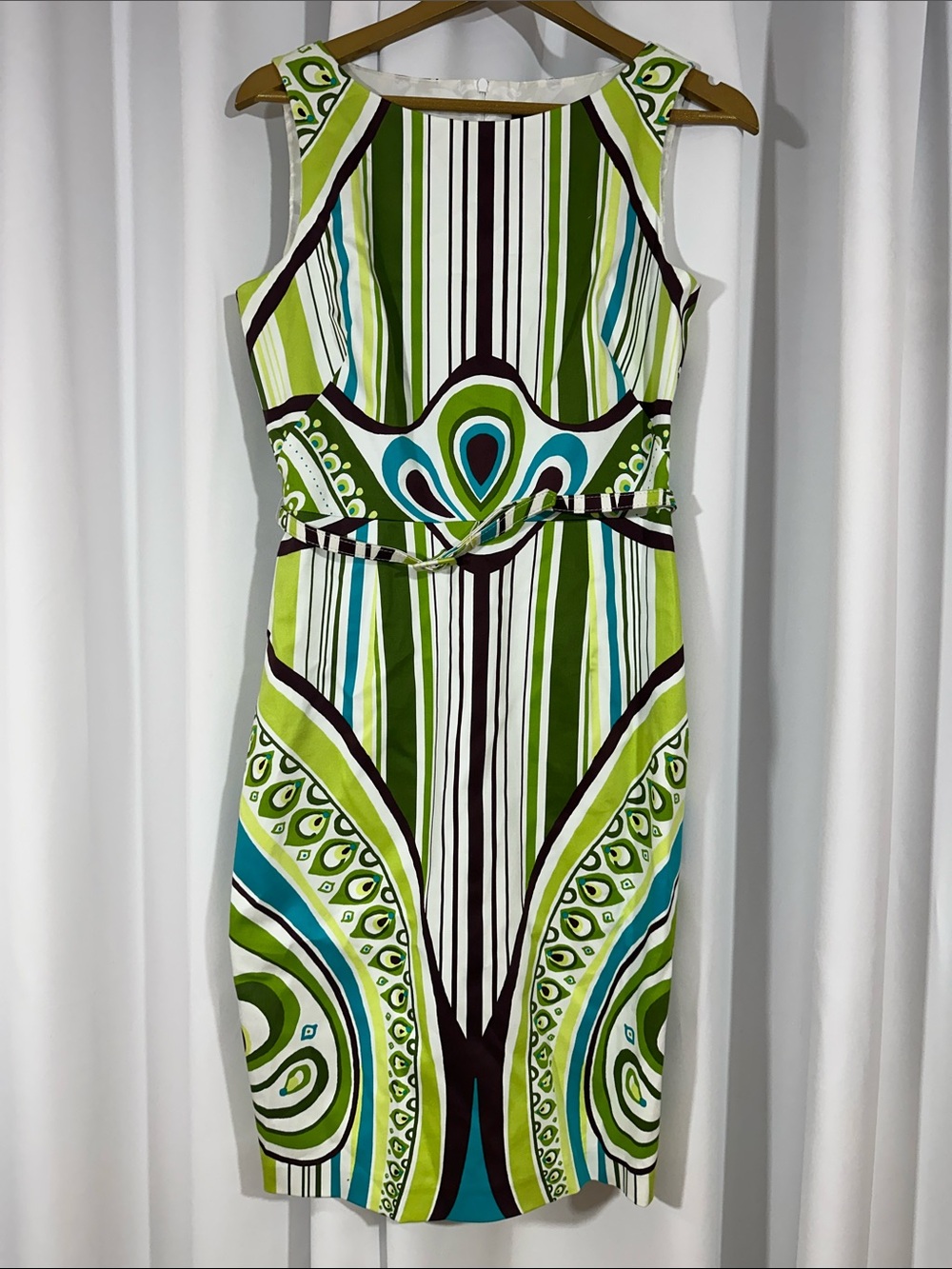David Meister Size 8 Graphic Print Sheath Dress Belted Green Blue Mod
